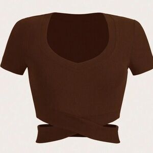 SHEIN Medium Sized Chocolate Brown Crop Criss-Crossed Short Sleeved Top!🤎